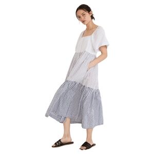Madewell Gingham Maxi Dress Color Block Tiered Blue & White Square Neck Size XS